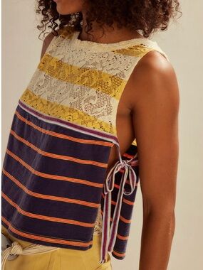 NWT Striped Side-Tie Top with Lace in Navy and Yellow